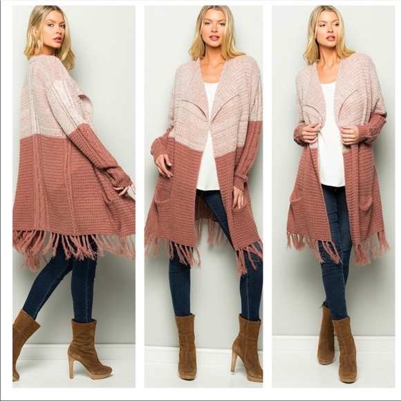 Mauve Color Block Fringe Cardigan - Picture 2 of 5